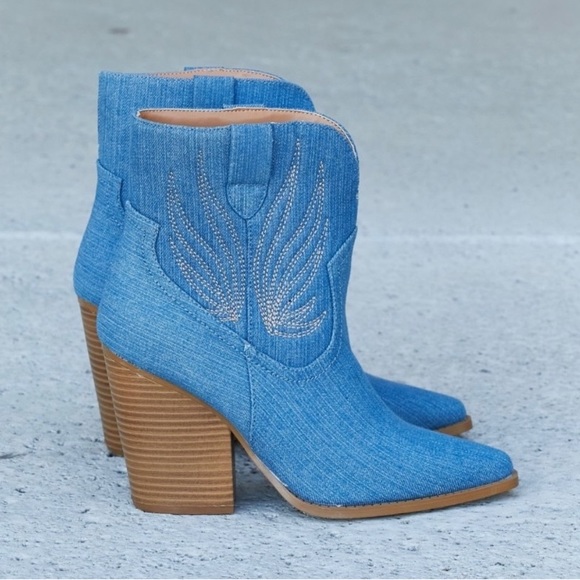 Sky Blue Western Heeled Ankle Boots Denim - Picture 3 of 4